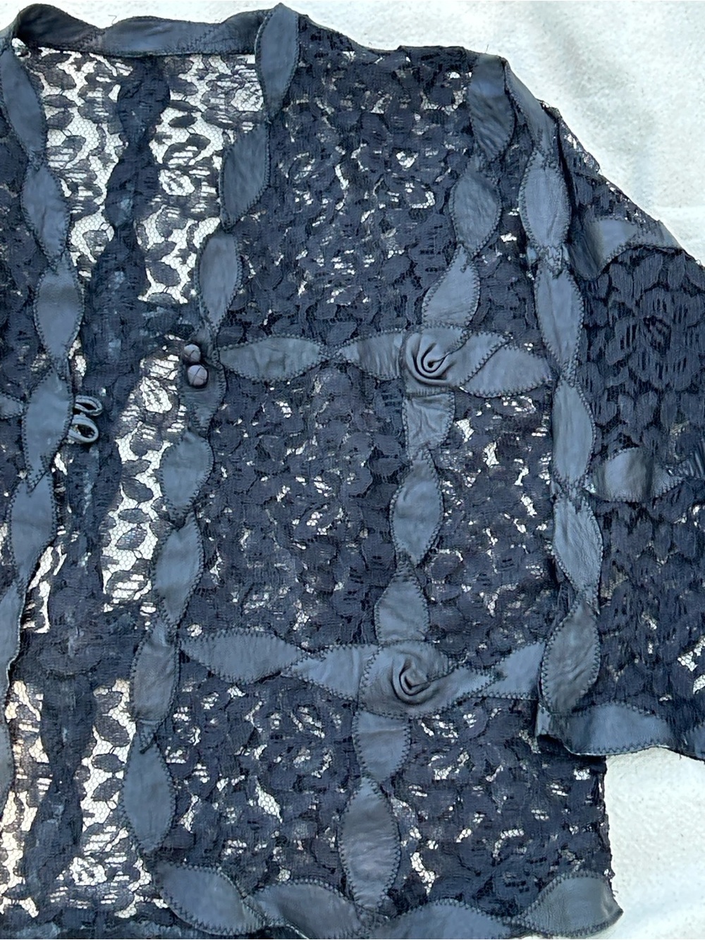 Vintage Black Lace and Leather Overlay Rose Appliqué Jacket